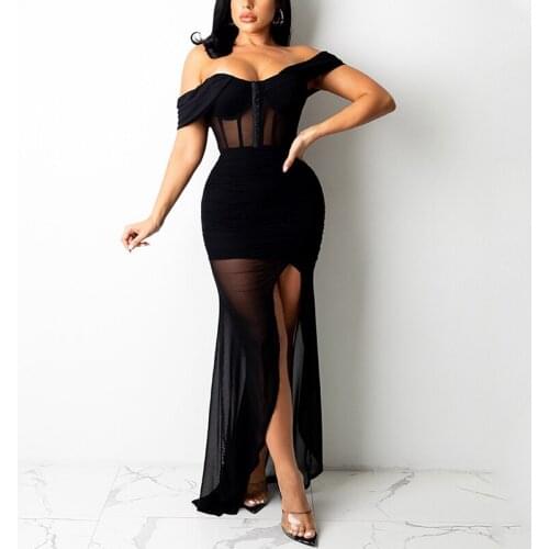 Women Dress Off Shoulder Mesh Insert Slit Dress Solid Color High Slit See-Through Open Back V-Neck Elegant Party Dress