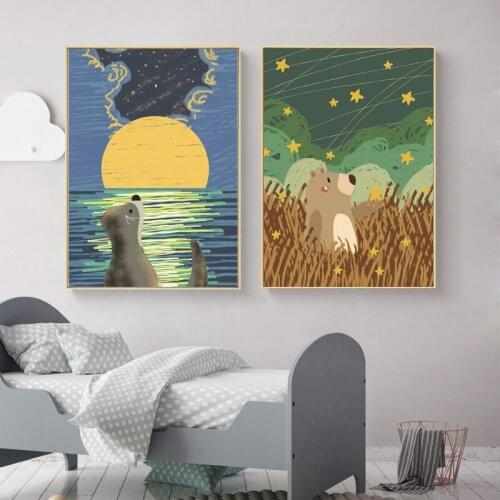 Animal cartoon painting canvas painting cute style decoration baby room kid room wall art poster home customizable household