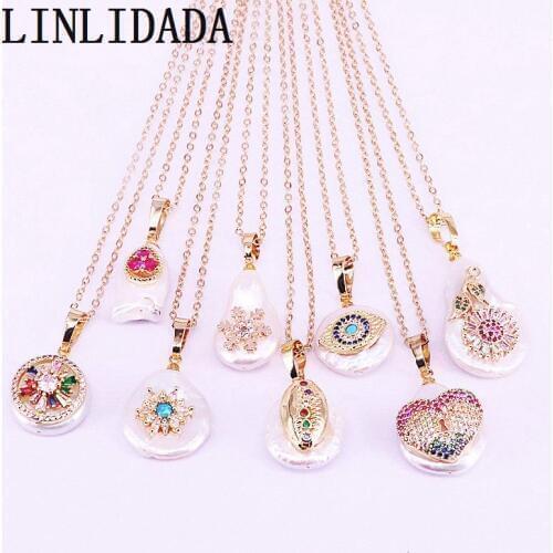 10Pcs Nature Freshwater Pearl with CZ micro Pave Eye/Flower/Star Gold Color Jewelry Charm Pendant Necklace