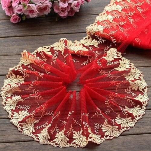 2 Yards Embroidered Lace Trim Flower Embroidered Red Tulle Lace Trim 6.69 Inches Wide