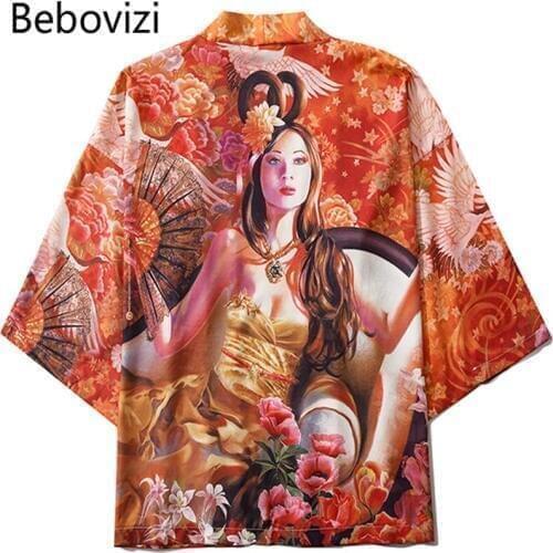 Bebovizi 2020 Harajuku Kimono Women Men Japanese Geisha Thin Kimono Streetwear Traditional Cardigan Yukata Haori Obi Kimono Red