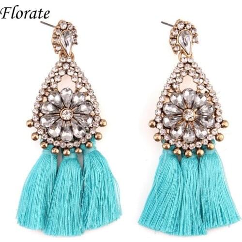 Florate Chunky Tassel Rhinestone Dangle Earrings for Women Gold Metal Handmade Statement Bohemian Flower Design Earrings Jewelry