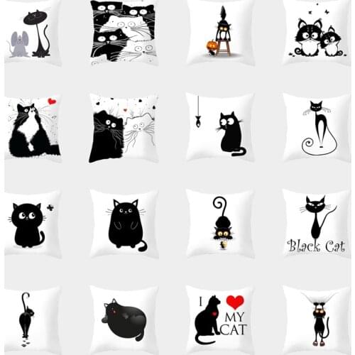 Cute Cartoon Cat Cushion Cover Creative Black White Naughty Cat Pillow Case Home Textiles Decorative Pillow Cover For Sofa