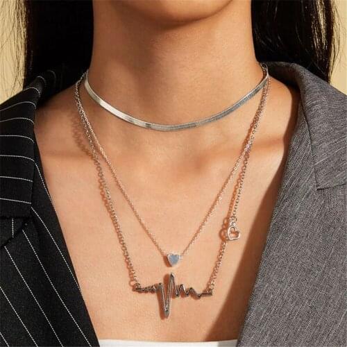 Fashion MultiLevel Silver Color Snake Chain Heart Shaped Cardiogram Pendant Necklace For Women Vintage Chain Female Jewelry Gift