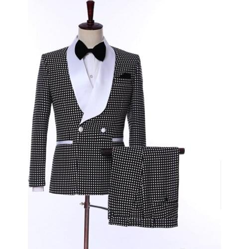 Mens Suits 2 Pieces Wave Point One Button White Lapel Collar Slim Fit Casual Business Dress Suits For Groomsmen Wedding Suits