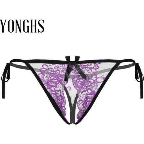 Mens Lingerie Sexy Sissy Crotchless Underwear Embroidery Thongs G-strings See-through Briefs Low Waist Lace-up T-back Panties