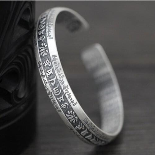 BOCAI New 2021 Trend Real S999 Silver Jewelry Solid Six-Character Mantra Couple Retro Man and Woman Heart Sutra Bracelet