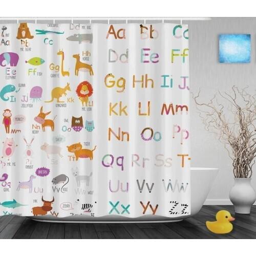 Educational Alphabet Letters Kids Shower Cutains Cute Animals Decor Baby Bathroom Curtains Polyester Waterproof Fabric With Hook