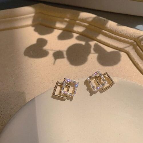 2Pairs 925 Sterling Silver Pin Square Zircon Pearl Personality Temperament Stud Earrings Female Jewelry