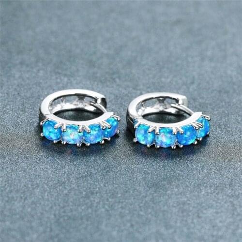 Cute Female Blue White Opal Earrings Trendy Bridal Round Stone Wedding Earrings Charm Silver Color Small Hoop Earrings For Women