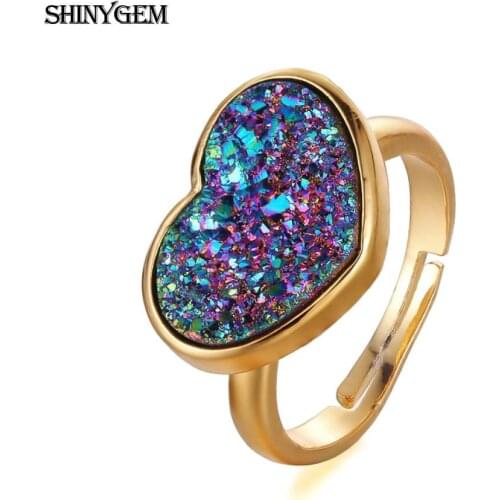 ShinyGem Luxury Big Heart Druzy Ring Natural Crystal Gem Stone Love Rings Adjustable Gold Plating Bridal Wedding Rings For Women