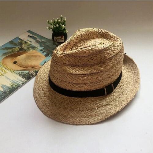 Summer Hat Unisex Topper Hat Men Golden Stripes Sun Protection Cap Black Ribbon Concave Top Wide Brim Sun Hats Straw Hat Beach