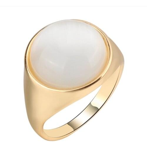 FYJS Unique Light Yellow Gold Color Round White Cat Eye Stone Finger Ring Simple Style Jewelry