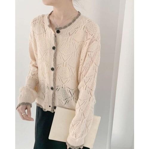 All-match Korean Cardigan Women Hollow Out Vintage Knitted Fashion Sweater Patchwork Ins O-Neck Daily Aesthetic Outerwear Summer