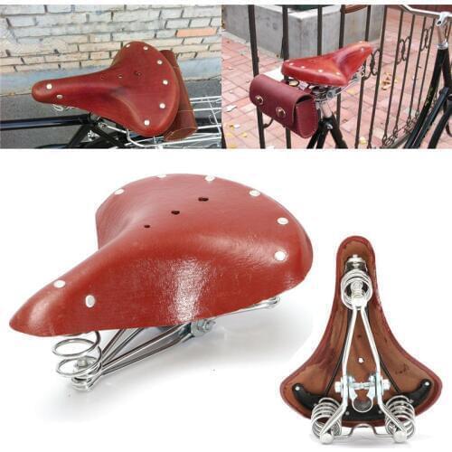 Bicycle Saddle Retro Leather Vintage Genuine Leather Classic Bike Saddle Seat Mat Genuine Saddle Cushion with Spring