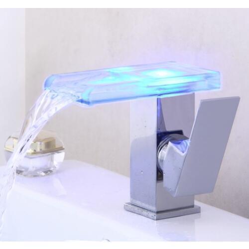 Water Power Faucet temperature controlled 3 colors LED waterfall basin tap Brass chrome bathroom faucet B-9001