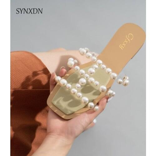 SYNXDN 2021 High Quality Design Sandal Inlaid Pearls Transparent Flat Solid Women Shoes Beach Slides Female Slippers Outdoor