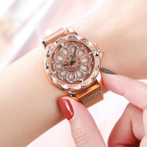 2020 New Top Brand Rosy Gold 360 degree rotation Women Mesh Magnet Buckle Starry Sky Watch Women Quartz Watches Relogio Feminino