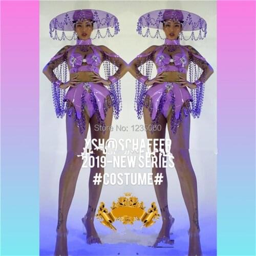 Nightclub Women Purple Crystal Sexy Lady Ballroom Costume Party Event Stage Performance Dress Clothes With Hat Dance Suit
