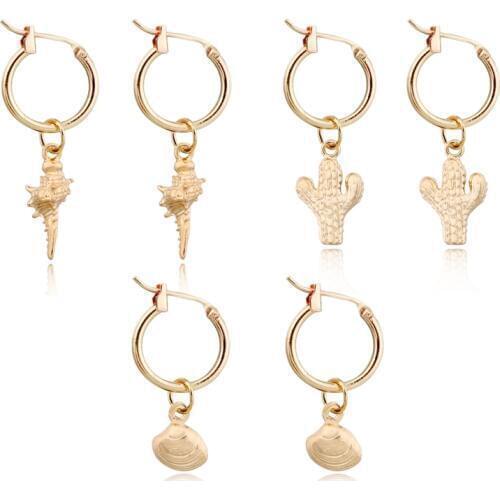 1Pair Gold Color Shell Conch Cactus Hoop Earrings Women Cute Chic Mini Small Pendant Round Circle Earrings Jewelry Gift E315