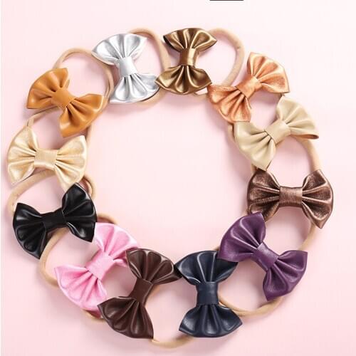 12pcs/lot Handmde Newborn Girls Pu Leather Bows Nylon Headbands 0-1-2-3-4-5Y Toddlers Girls Knotbow Head Wraps Girls Nylon Head