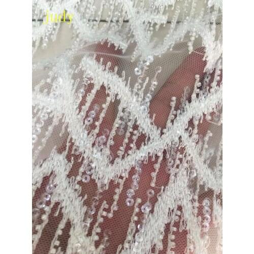 5yards White embroidery lace sequined beads fashionable European and American style fabric used for wedding dress design FH