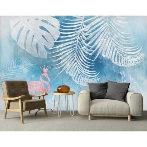 Nordic modern minimalist fantasy hand-painted tropical plant leaves flamingo background wall 3D mural wallpaper