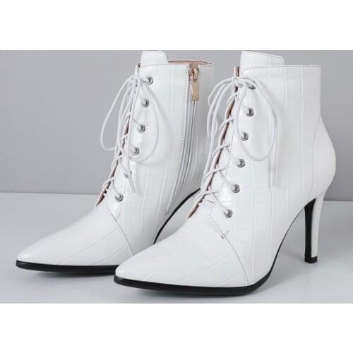 Sexy Ankle Boots Women Leather White Black Red 2020 New Fashion Cowboy Boots For Women Shoes Lace Up Short Boots Ladies Pointed