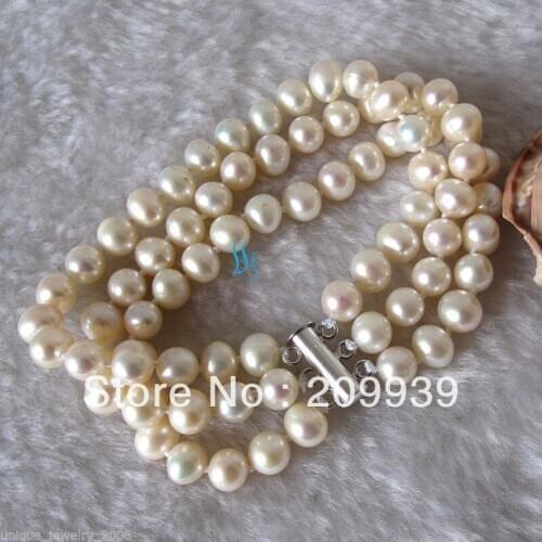 8" 6-8mm 3Row White Freshwater Pearl Bracelet