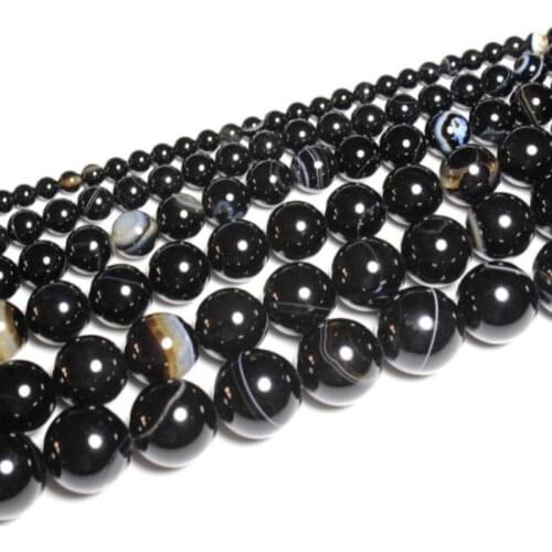 Black Striped Agate Loose Beads Natural Gemstone Smooth Round for Jewelry Making