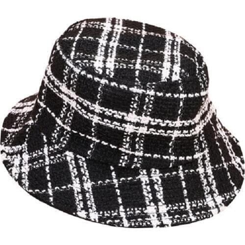 Women Girl Bucket Hat Plaid Round Cap Fall Windproof Printed Sun-Proof Decorative Wear Hat