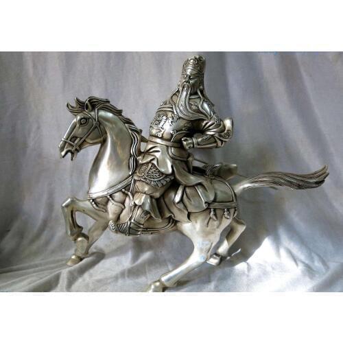 13" China silver carved beautiful Guan Yu Sculpture horse Guan Gong Buddha ST