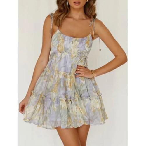 Foridol Summer Boho Chiffon Strap Dress Women Bohemian Floral Print Backless Purple Sundress Vestidos 2021 Beach Short Dress