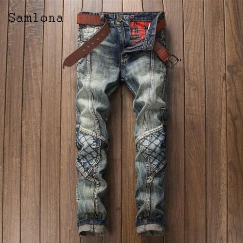 Samlona Plus size Men Jeans Denim Pants 2021 Spring Pant Slim Bottoms Male Patchwork Denim Jeans Ripped Trousers Mens clothing