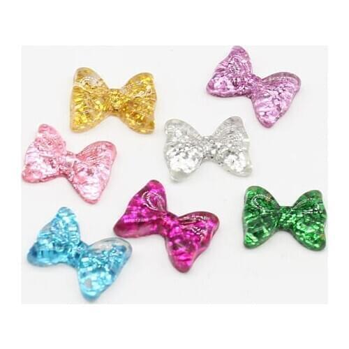 100pcs Tiny Bow Bowtie Cabochon Set with Glitter (12mm) Fake Miniature Cupcake Topper Earring Making Nail Art Decoration