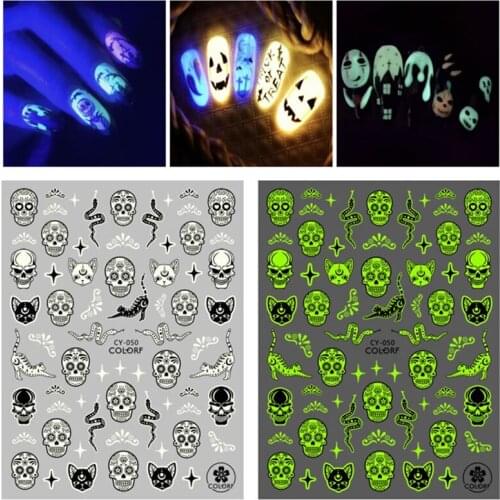 Halloween Stickers Luminous Nails Ghost Skull Art Decorations Pumpkin Decals Goth Design Self Adhesive Waterproof Nail Polish