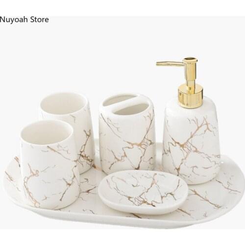 Nordic Light Luxury Bathroom Supplies Ceramic Marble Pattern Lotion Bottle/Toothbrush Holder/Mouth Cup/Bathroom Decoration