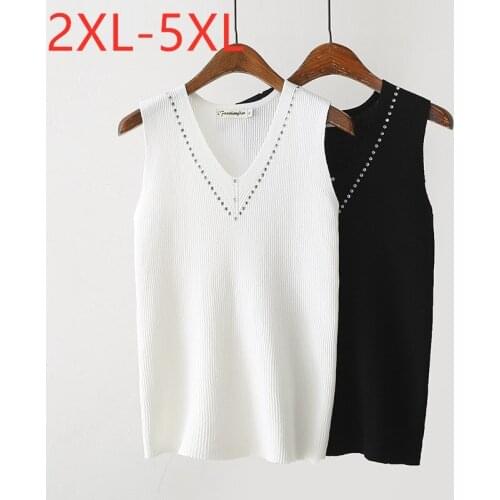 New 2021 Ladies Summer Plus Size Tank Tops For Women Large Sleeveless Slim Elastic White Black Knit V-neck Vest Top 3XL 4XL 5XL