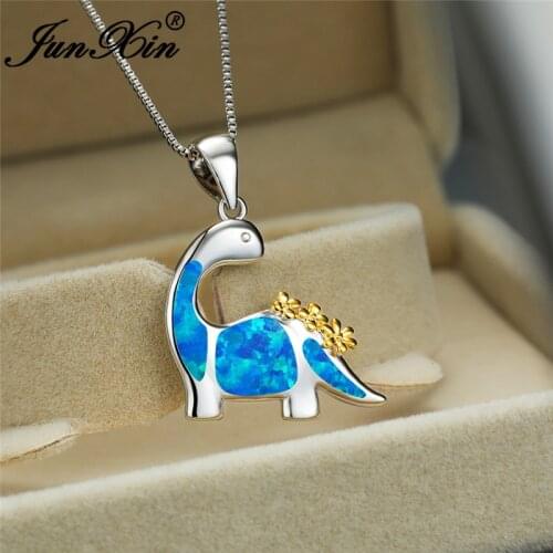 Unique Animal Dinosaur Pendant Blue White Fire Opal Necklaces For Women White Gold Lovers Wedding Engagement Necklace Jewelry