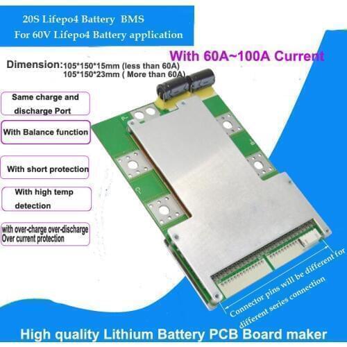 20S 73V& 60V Lifepo4 Battery protection circuit board 60v battery BMS with 100A current for 20 series ofLifepo4 Battery Pack