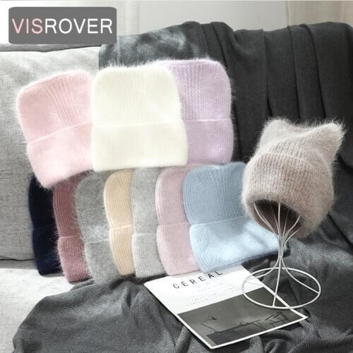 VISROVER 11 colors unisex solid color real rabbit fur cat ear beanies winter hat for woman rabbit fur autumn Warm skullies gift