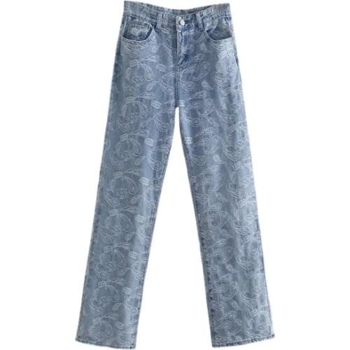Retro Loose Straight Pants Womens Casual Spring New Design Embroidery Printed Washed Jeans DLZK681