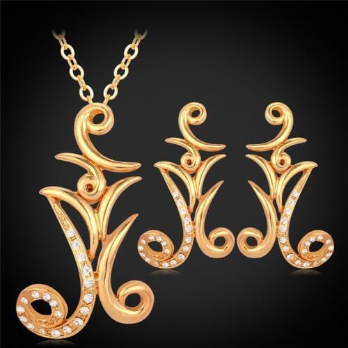 Unique Design Elegant Jewelry Set Gold Color Pendant Necklace Earrings Set Austrian Rhinestone Vintage Style PE3084