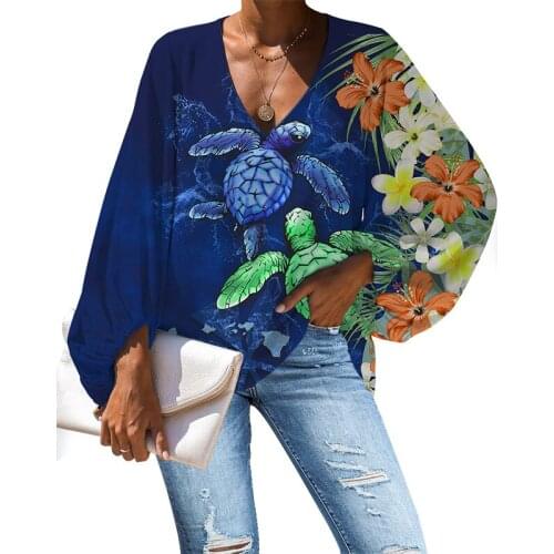 HYCOOL Fall Long Sleeve Elegant Chiffon Blouse Lady Sexy V Neck Polynesian Turtle Print Women Clothes Loose Floral Casual Shirts