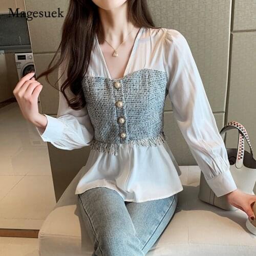 Fashion Korean Style Spliced Chiffon Long Sleeve Women Blouse Solid White Shirt Office Lady Tops V-neck Feminina shirt 8110 50