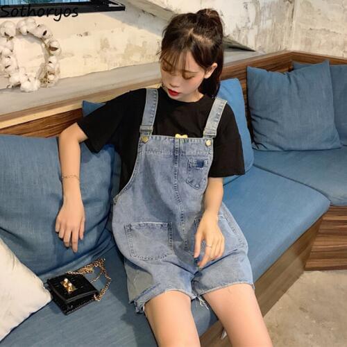 Rompers Women Ulzzang Kawaii Simple Denim 2020 New Korean Style High Waist Loose Large Size Holes Womens Trousers Chic All-match