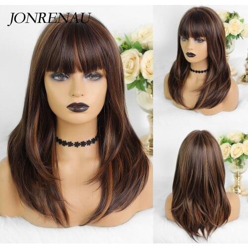 Jonrenau Dark Brown with Highlight Synthetic Natural wave Wigs for White Black Women Bobo Wigs with Bangs Daily Cosplay Wig