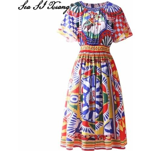 Seasixiang Fashion Designer Early Autumn Dress Women O-Neck Flare Sleeve Vintage Print Elastic Waist Midi Dresses