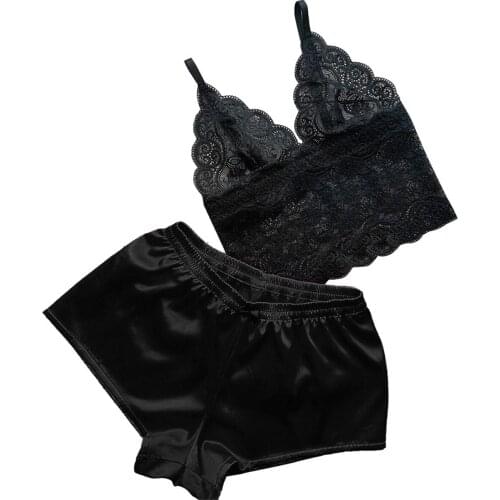 Women Ladies Sexy Lingerie Sleeveless V-Neck Lace Crop Top and Underpants 2PC Sets