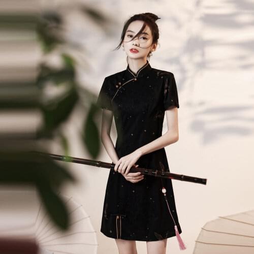 Black Vintage Women Mini Cheongsam Traditional Mandarin Collar Qipao Vestido Summer New Short Sleeve Party Dress Noble Gown